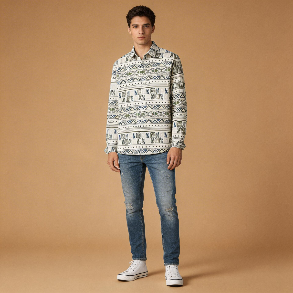 Printed Button Up Long Sleeve Shirt