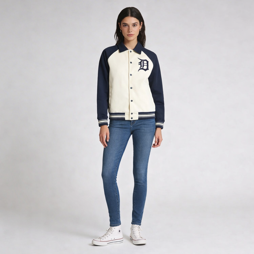 Women’s Motor City Varsity Jacket (Apricot/Navy Blue)