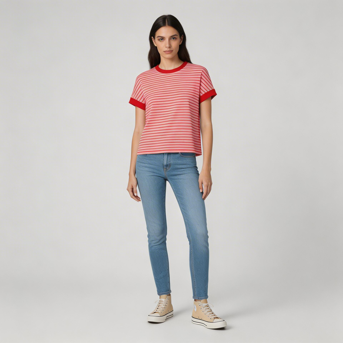 Striped Ribbed Knit Short Sleeve T-Shirt