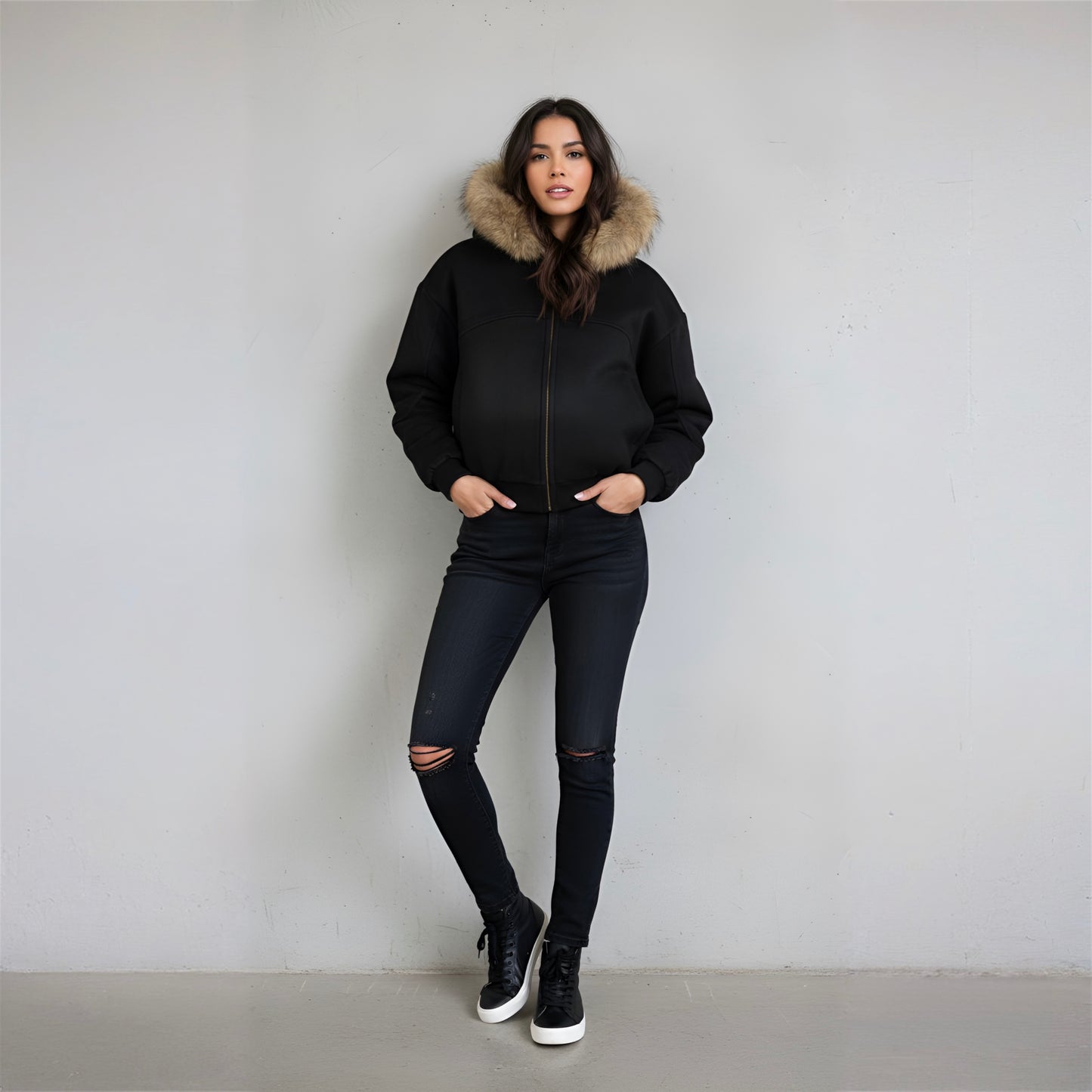 Women's Boxy Detachable Fur Hoodie