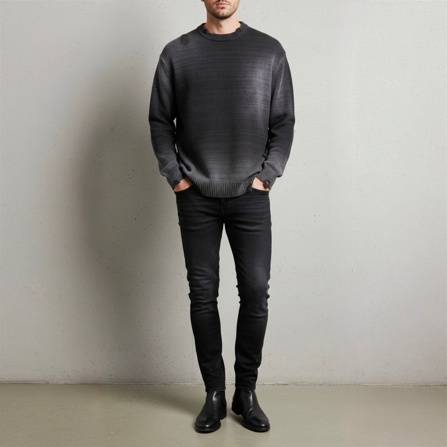 Men's Distressed Ripped Crewneck Sweater