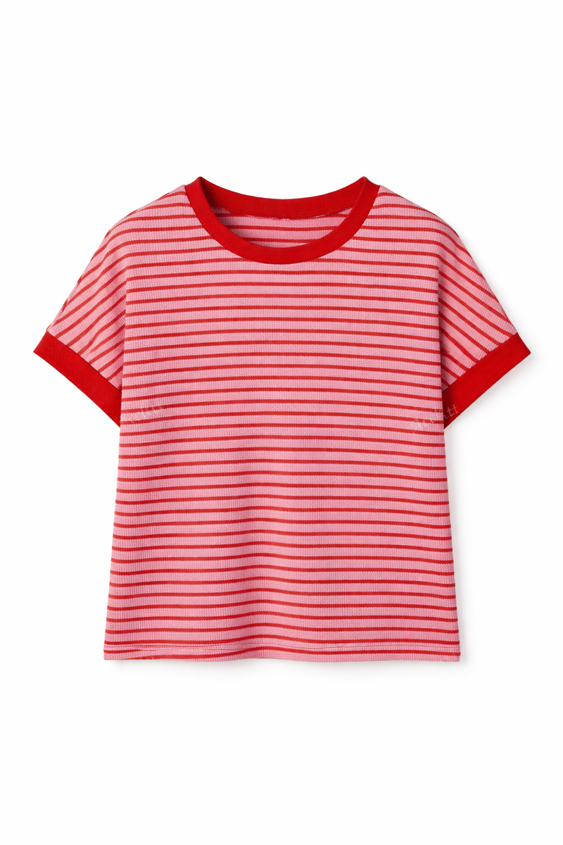 Striped Ribbed Knit Short Sleeve T-Shirt
