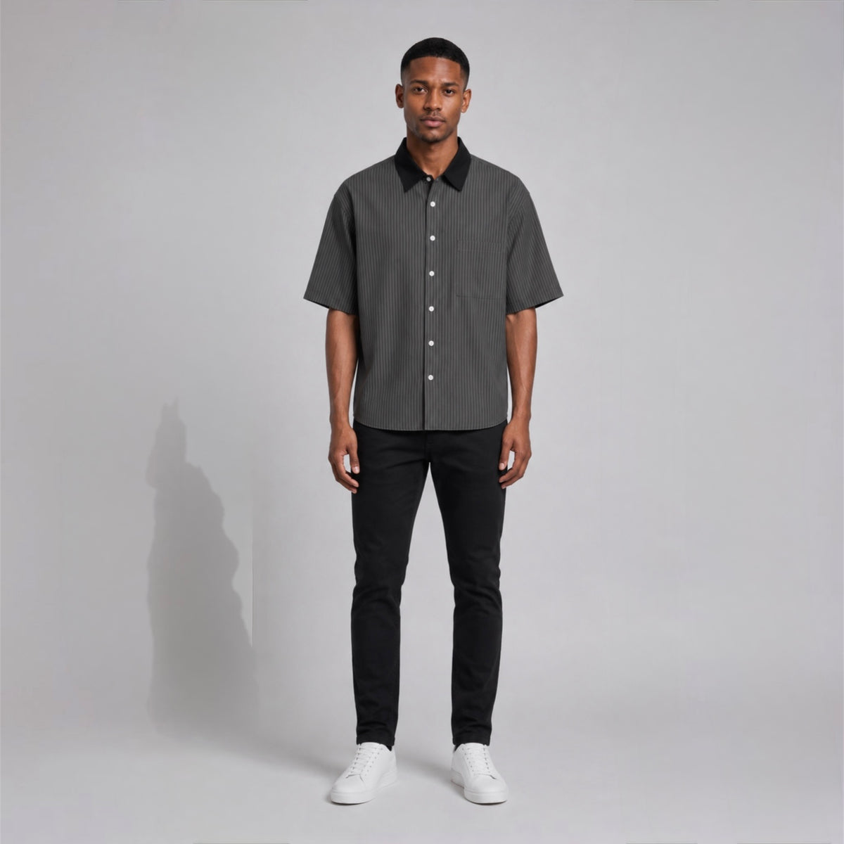 Striped Boxy Contrast Collar Shirt