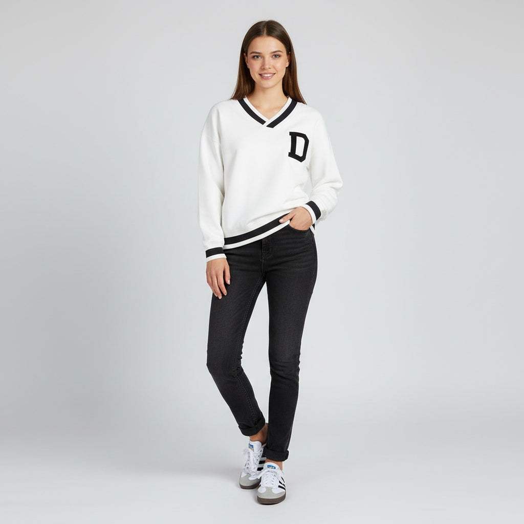 Women’s V-Neck Collar Boxy Sweatshirt (White/Black)