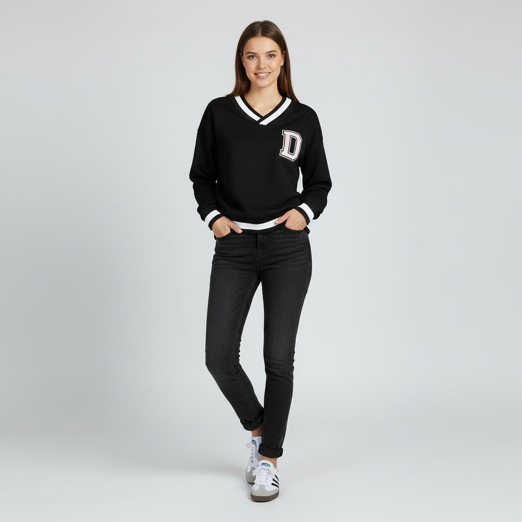 Women’s V-Neck Collar Boxy Sweatshirt (Black/White)