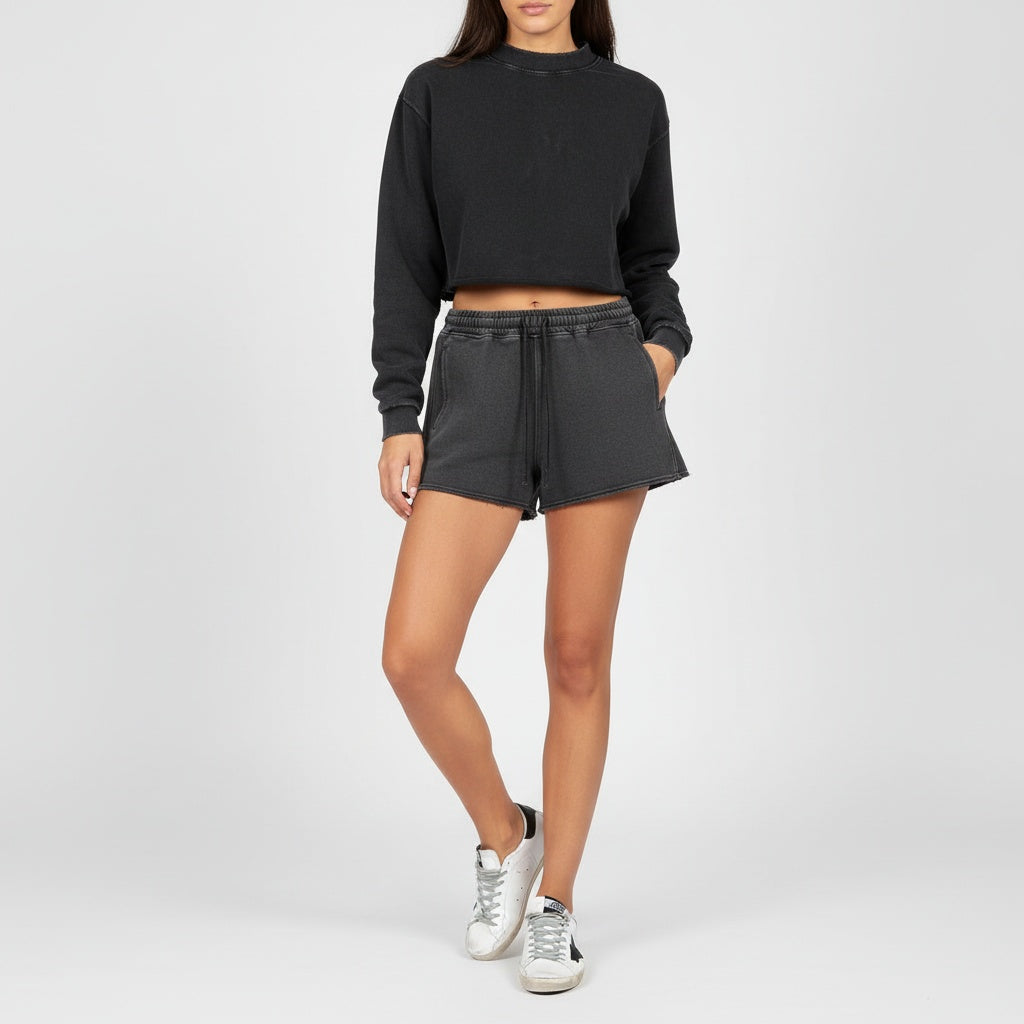 Snow Washed Raw Edge Drawstring Shorts