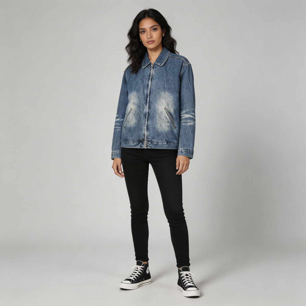 Women’s Vintage Wash Zip Up Denim Jacket
